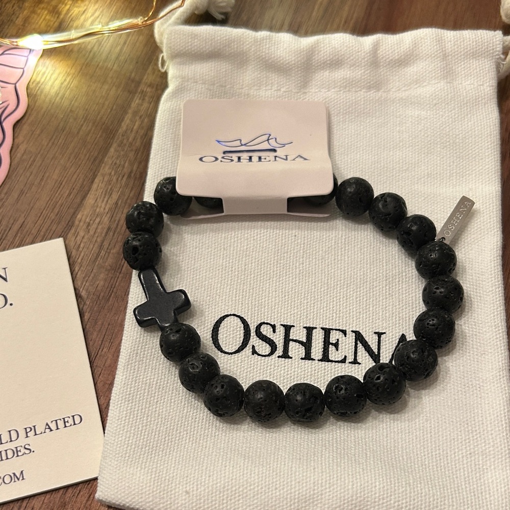 Oshena Black lava stones cross Beaded Bracelet UNISEX